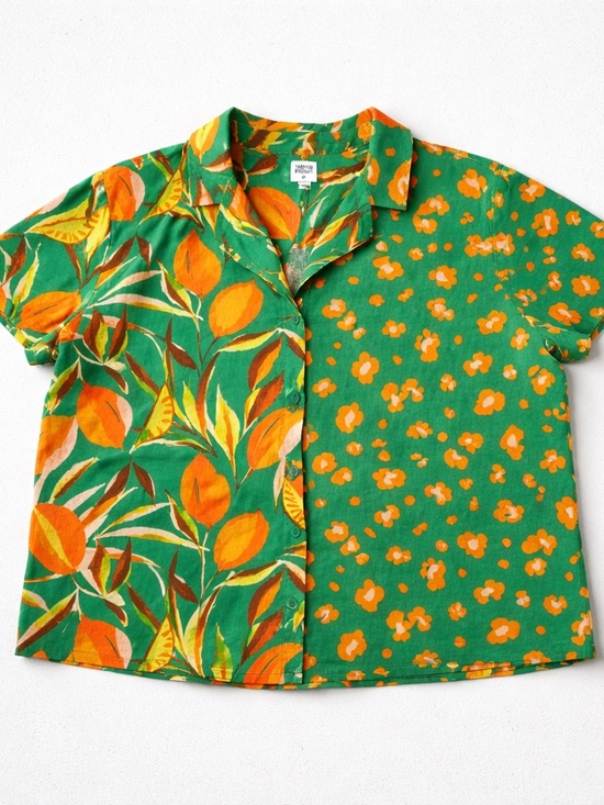 Tabitha Brown Tops - Woman’s Green and Orange Patchwork Floral Button-Down Linen Shirt